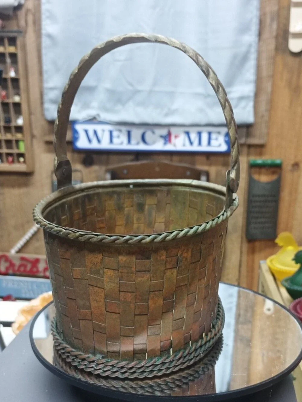 Antique-Style Brass Woven Handle Basket - Vintage Brass
